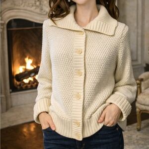 Talbots Womens Cardigan Sweater Cream S Small Fisherman Cotton Wool Collared
